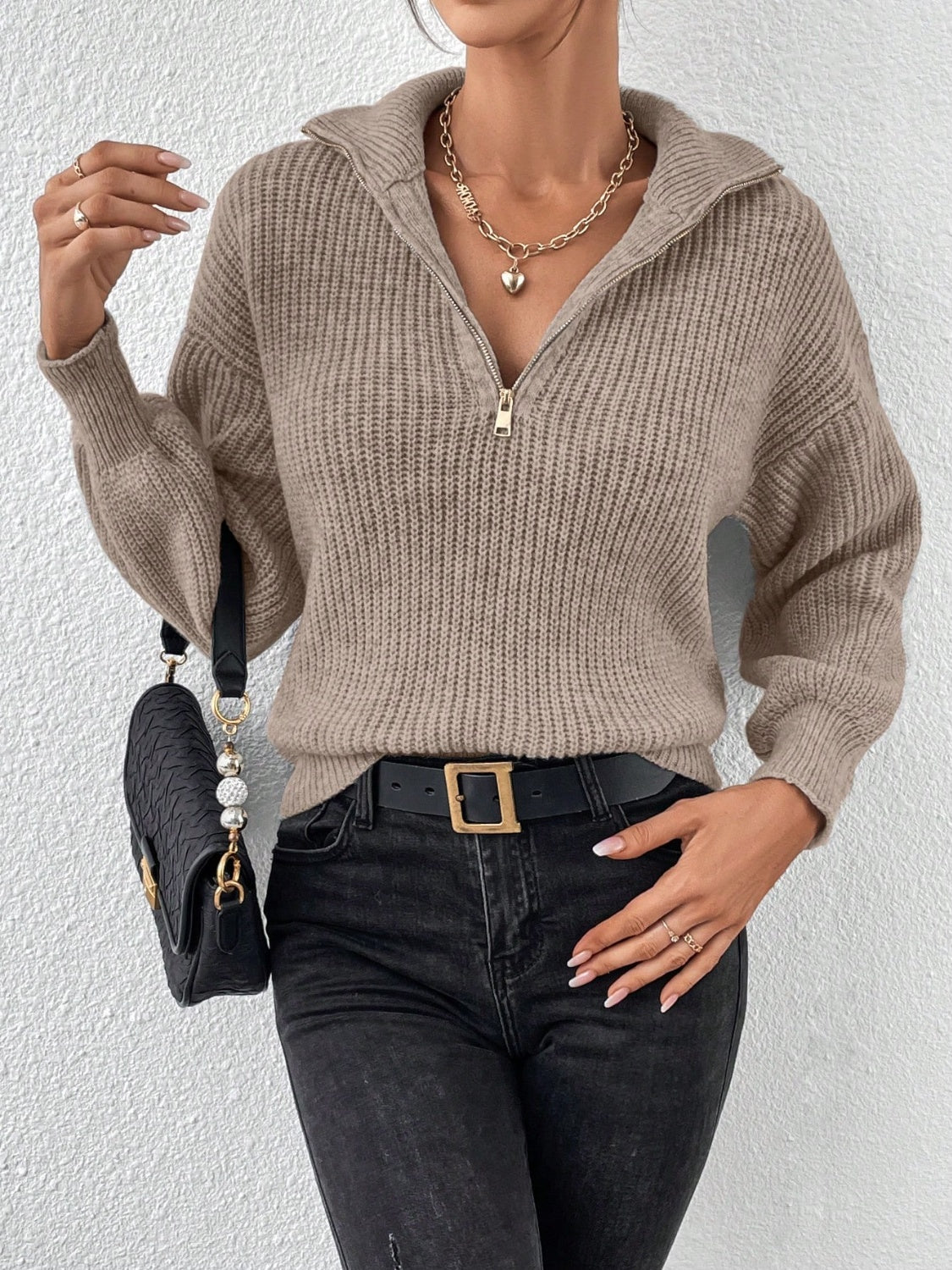 Honey half zip dropped shoulder sweater - taupe / s