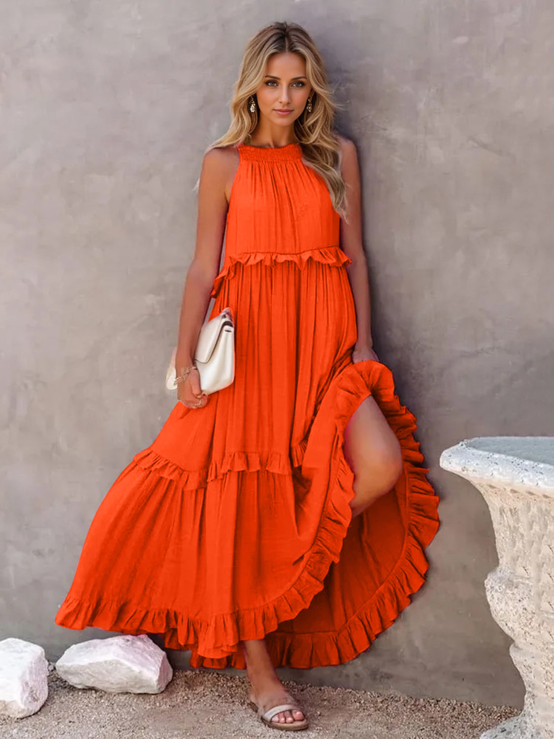 Ruffled sleeveless tiered maxi dress with pockets - orange-red / s