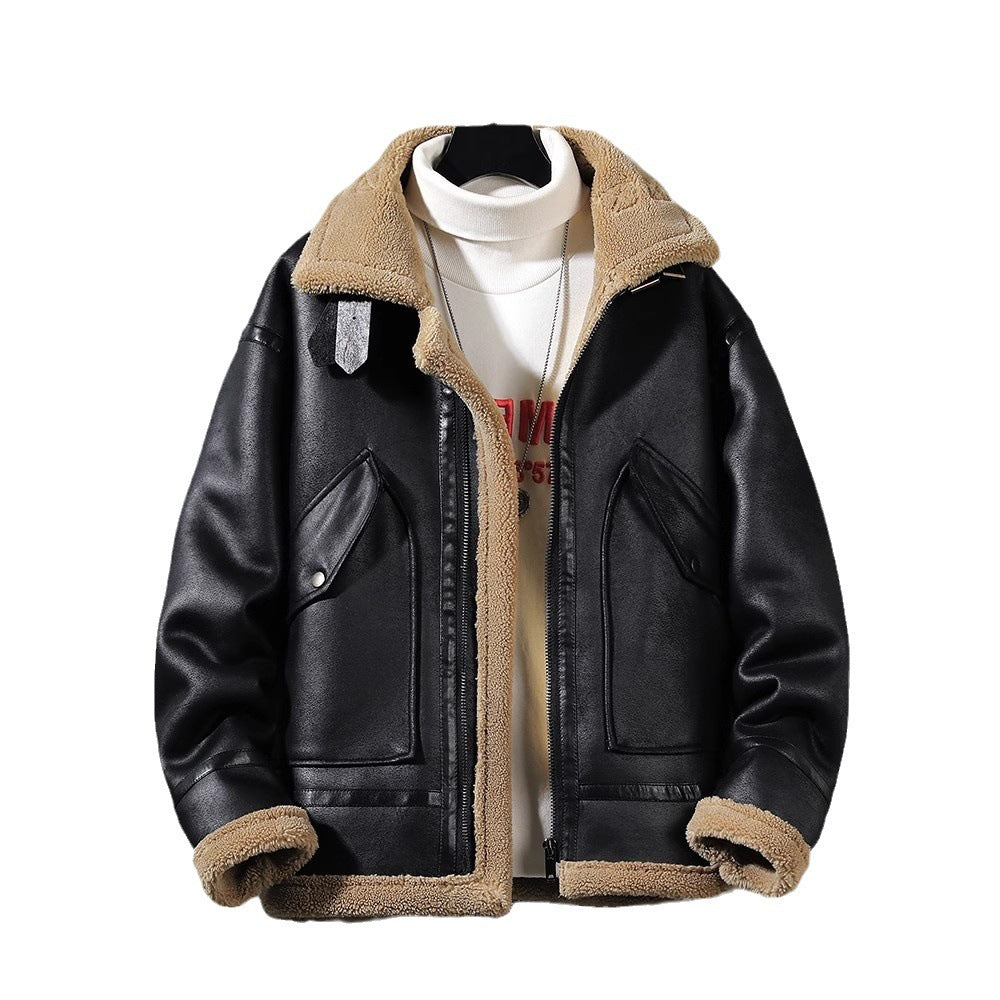 Men’s fashion single-layer fleece-lined padded jacket lamb wool coat