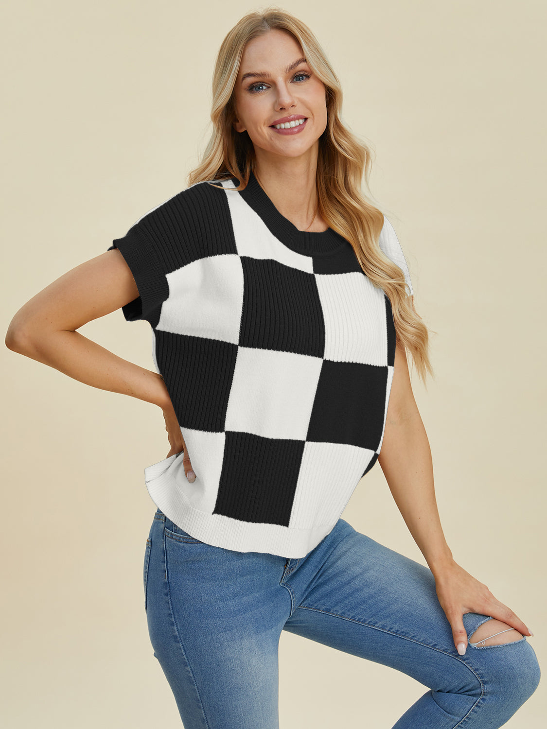 Double take full size checkered round neck short sleeve sweater - black / s