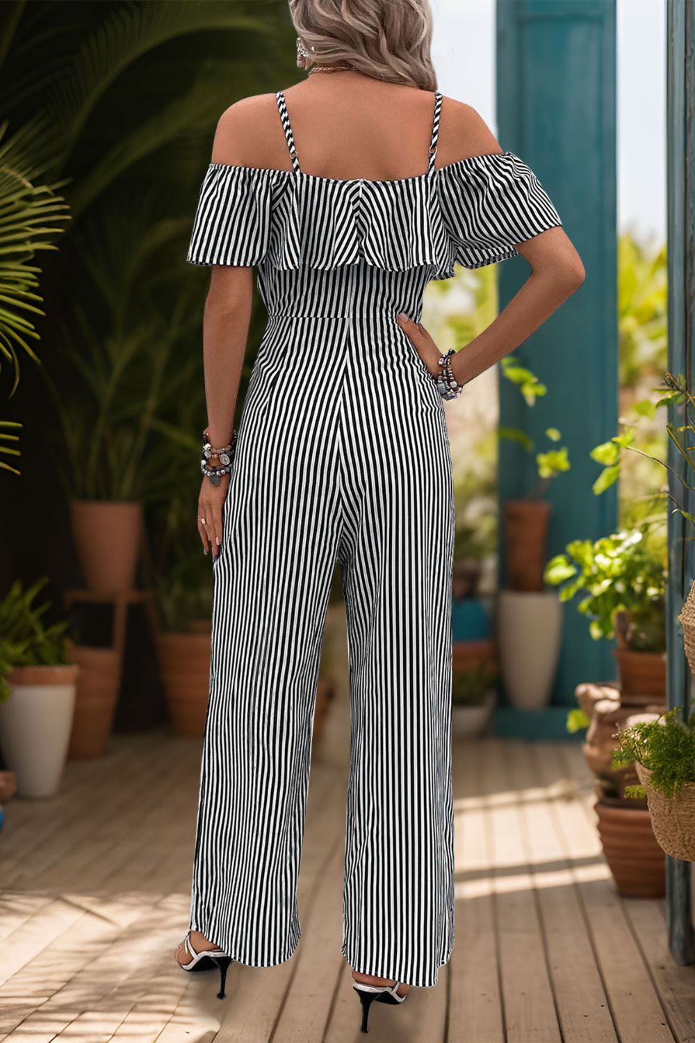 Ruffled striped short sleeve jumpsuit