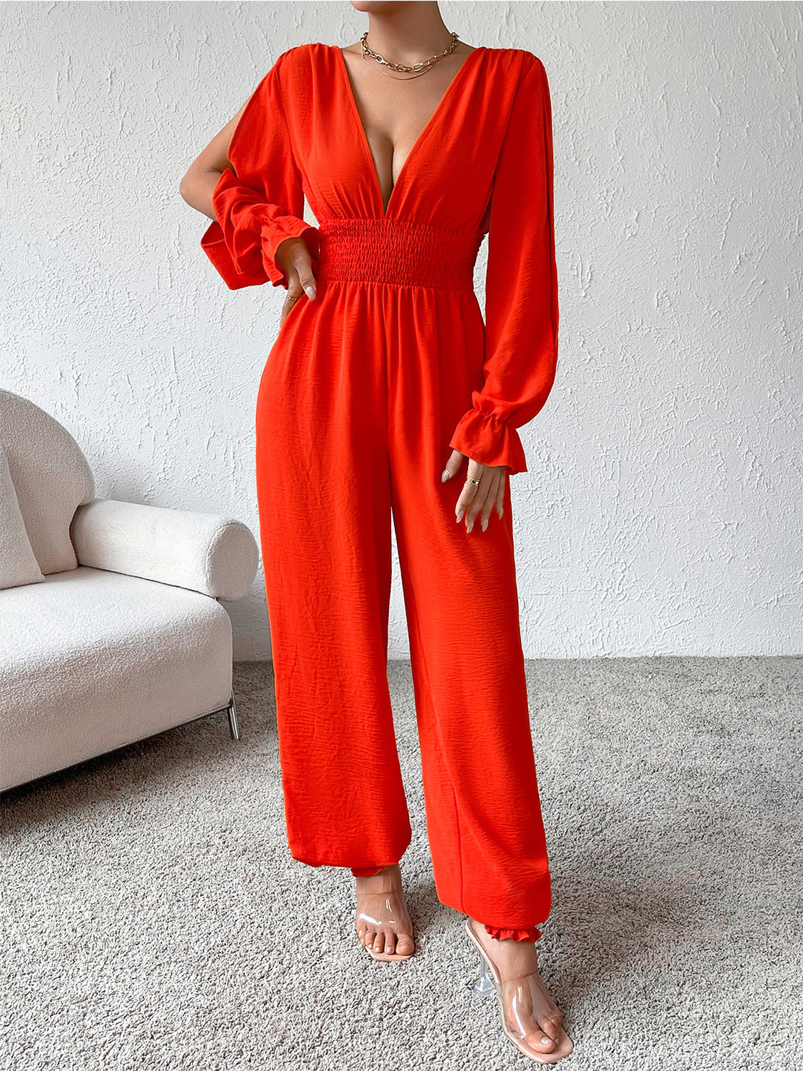 Plunge smocked flounce sleeve jumpsuit