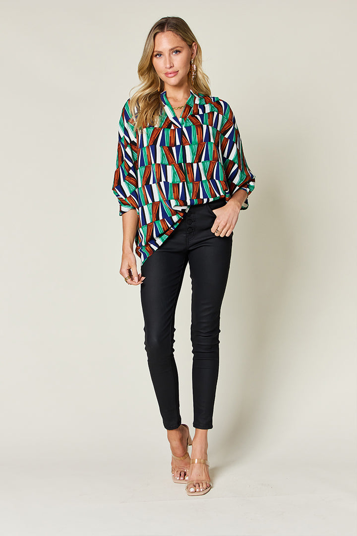 Double take full size geometric notched dolman sleeve top