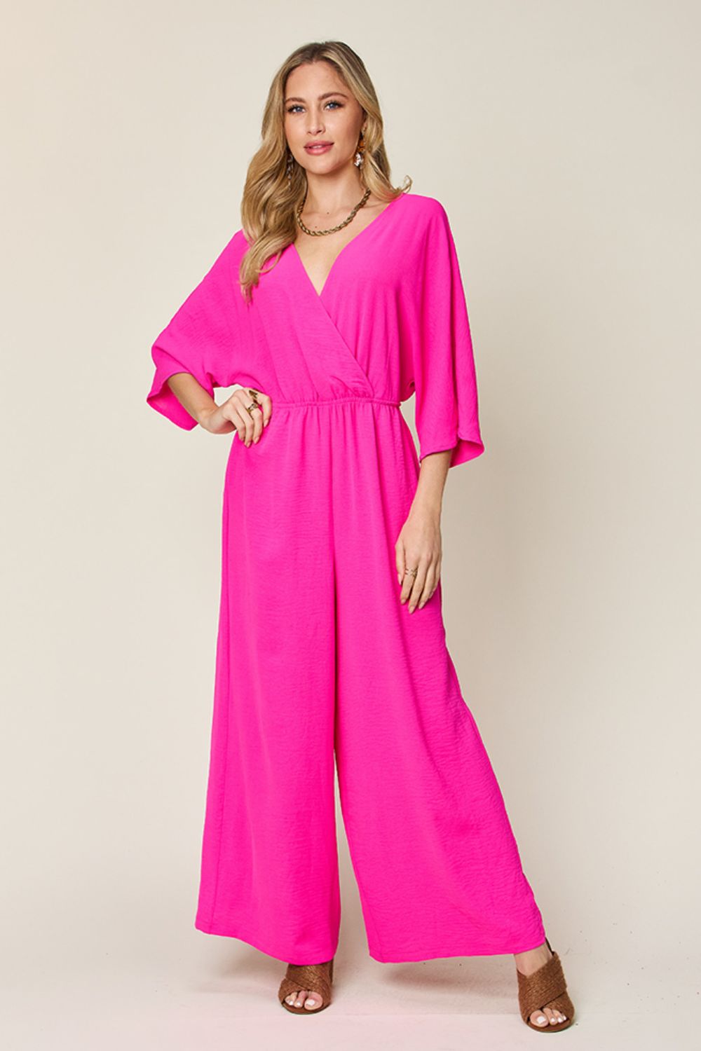 Double take full size surplice wide leg jumpsuit with pockets - hot pink / s