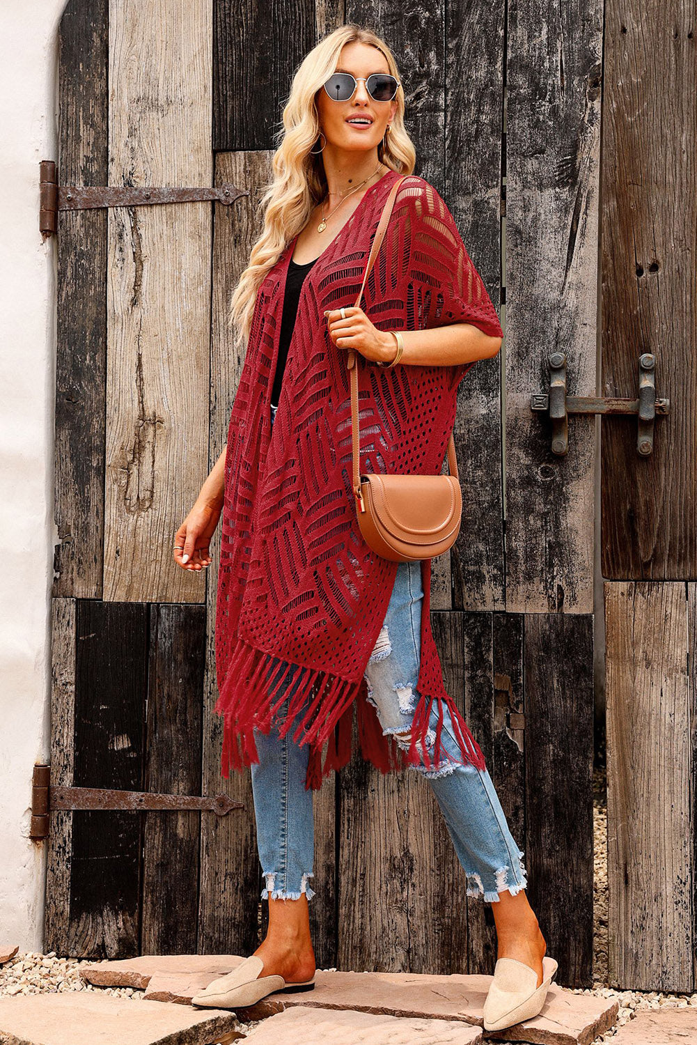 Openwork open front cardigan with fringes