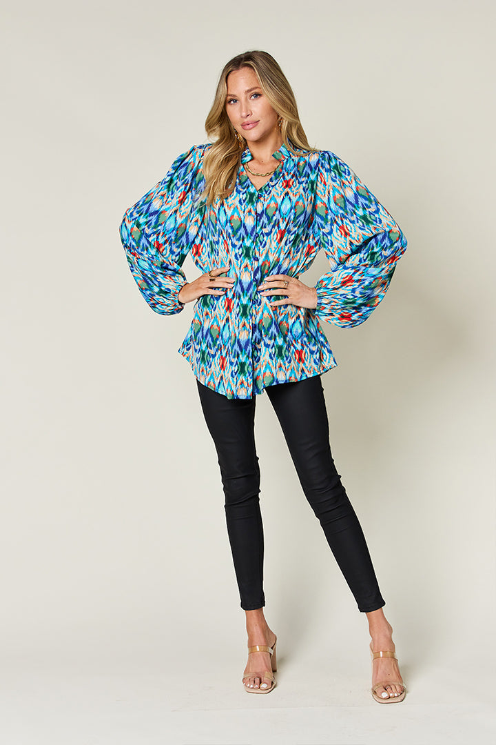 Double take full size printed balloon sleeve blouse