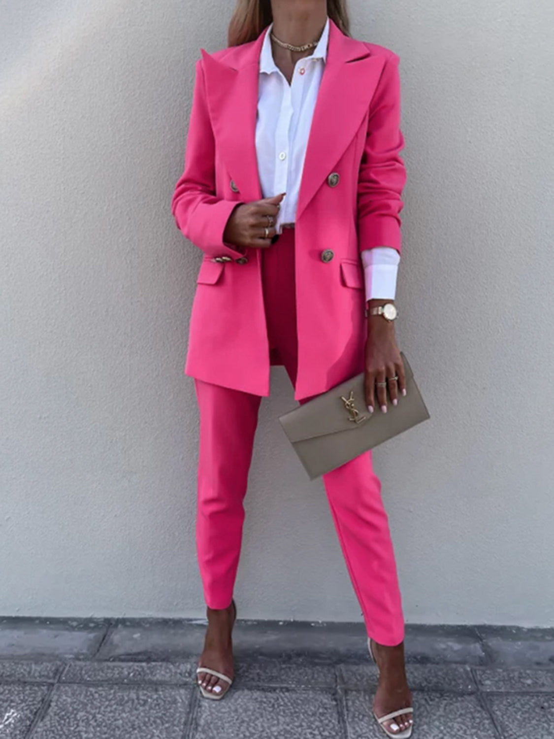 Lapel collar long sleeve blazer and pants set - hot pink / s