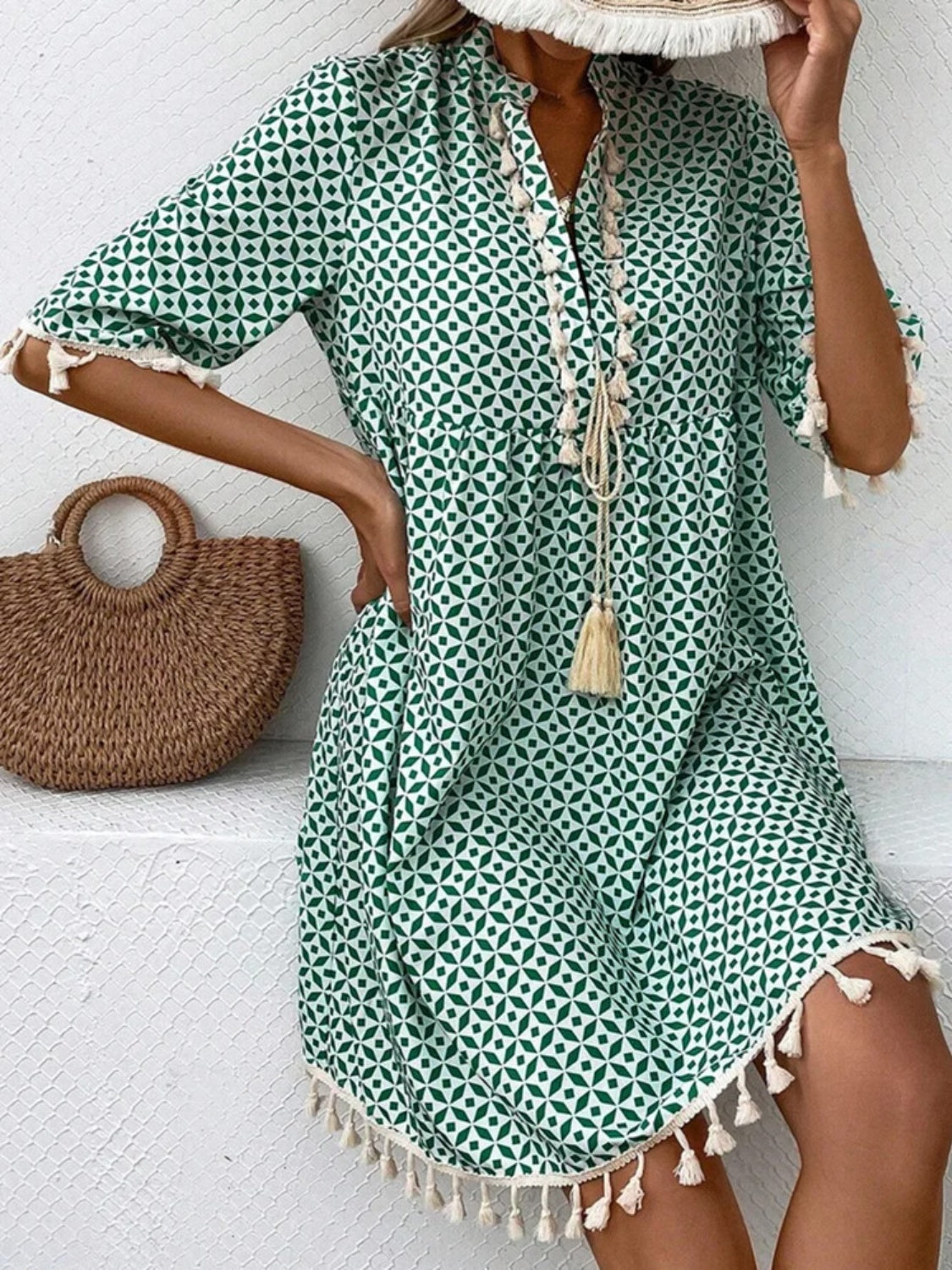 Tassel printed notched half sleeve mini dress