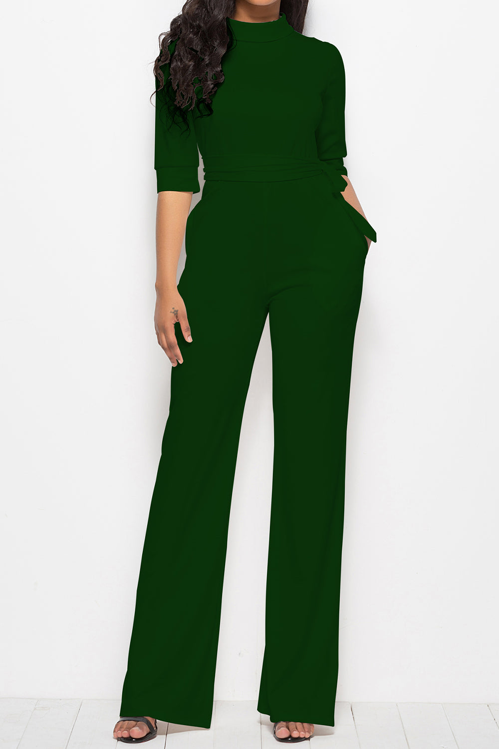 Mock neck tie-waist half sleeve jumpsuit - dark green / s