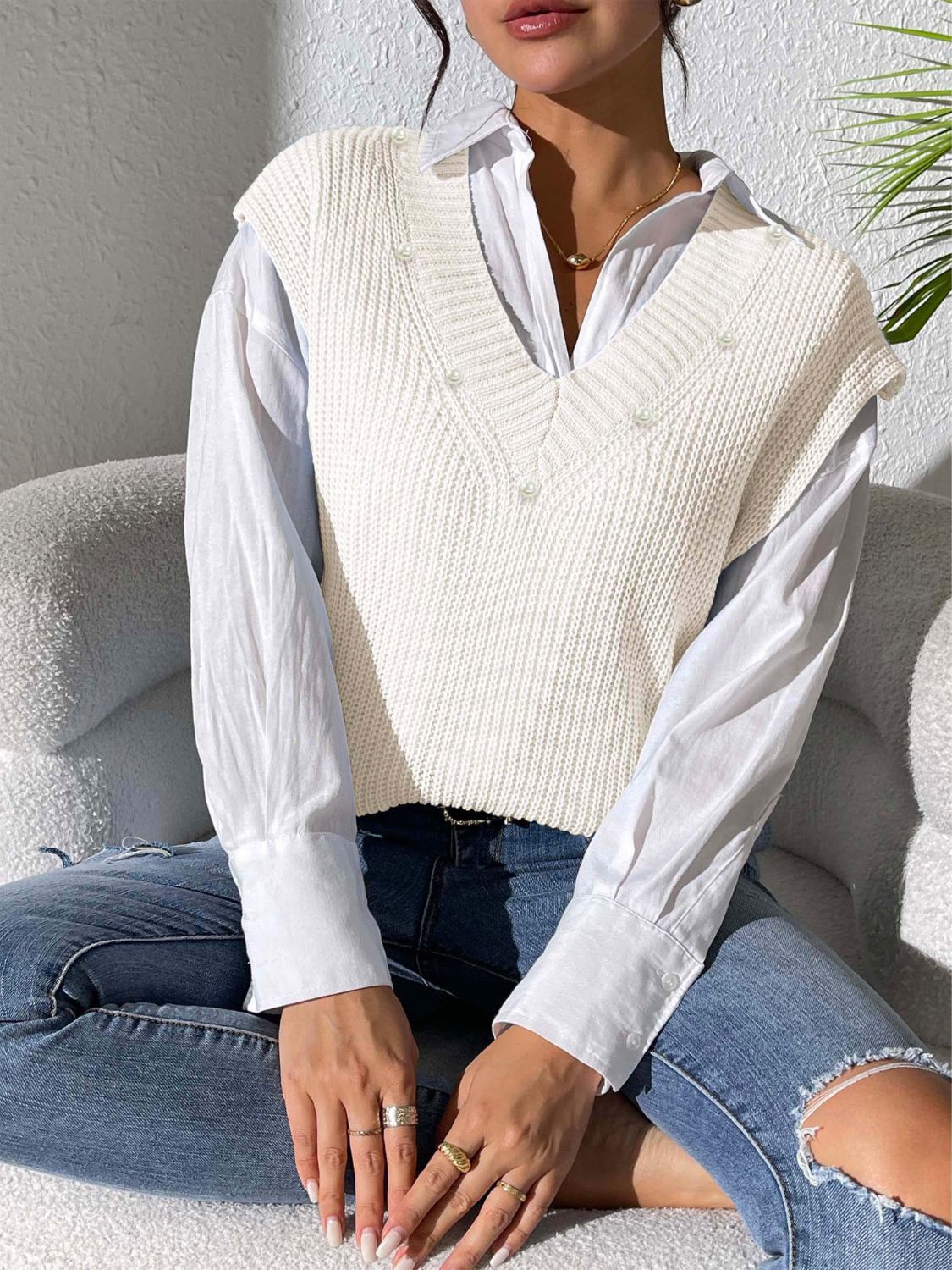 Pearl trim v-neck sweater vest