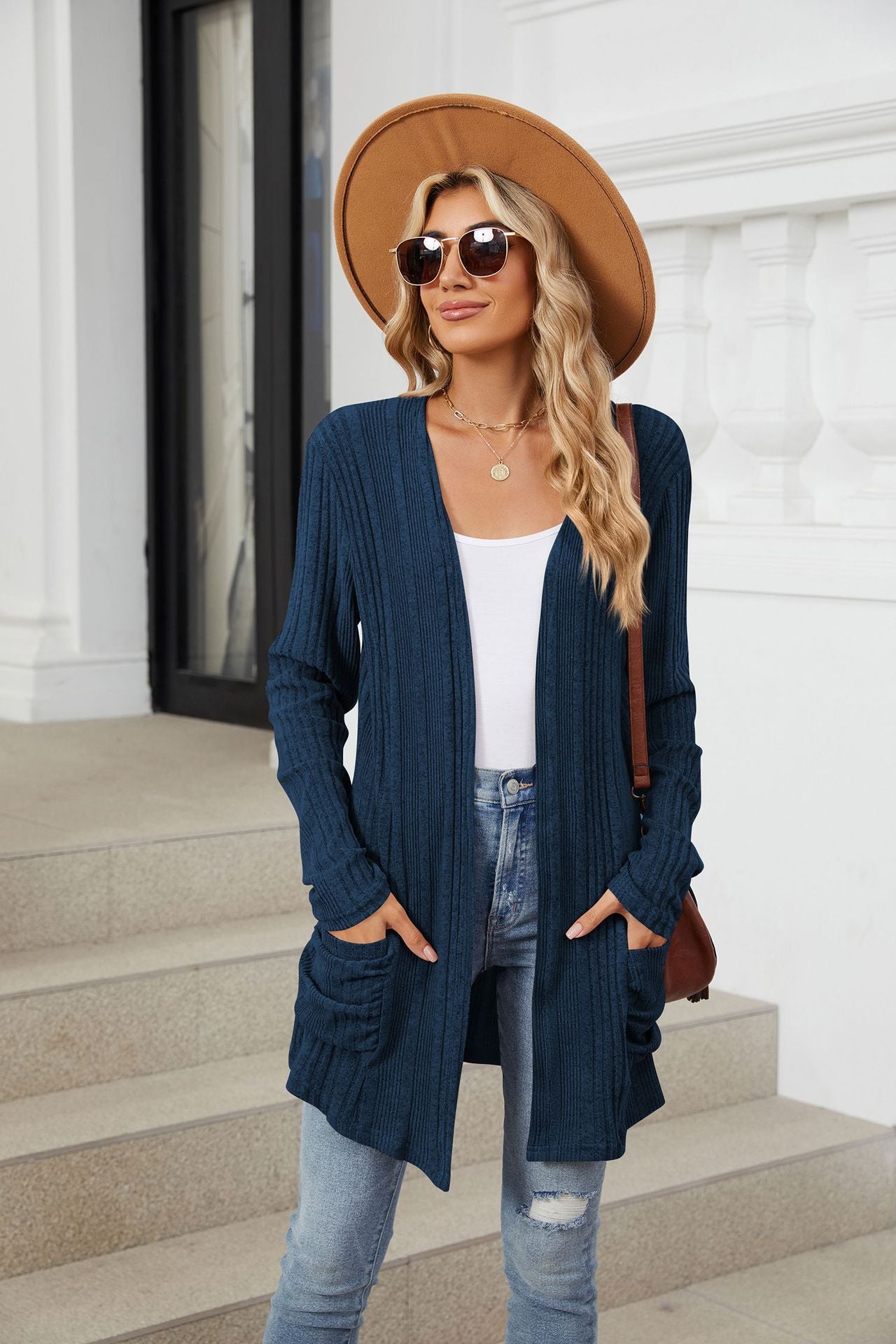 Pocketed open front long sleeve cardigan - peacock blue / s