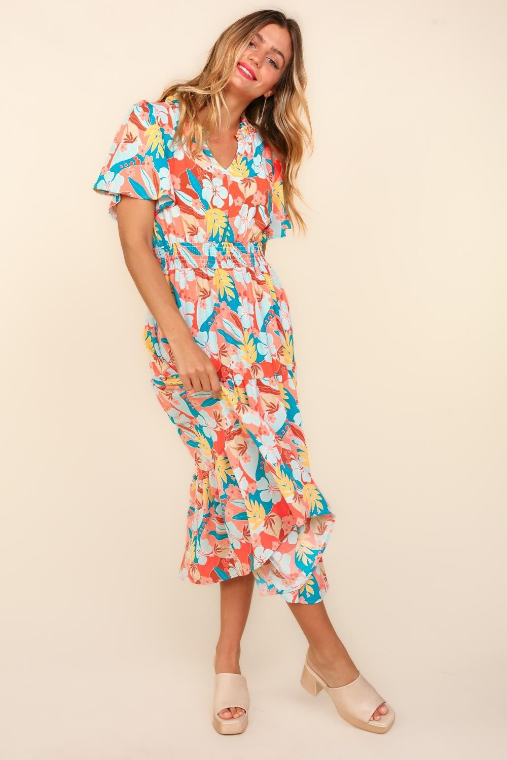 Haptics full size tropical floral tiered dress with side pockets