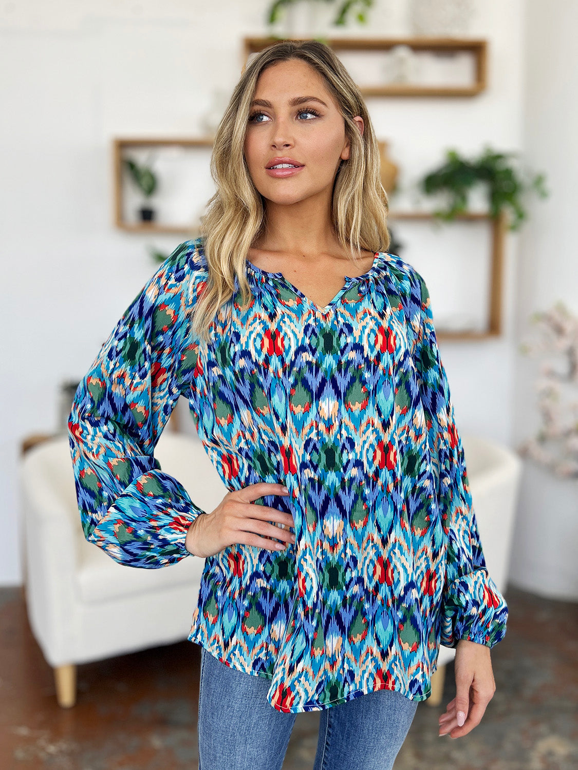 Double take full size printed balloon sleeve blouse