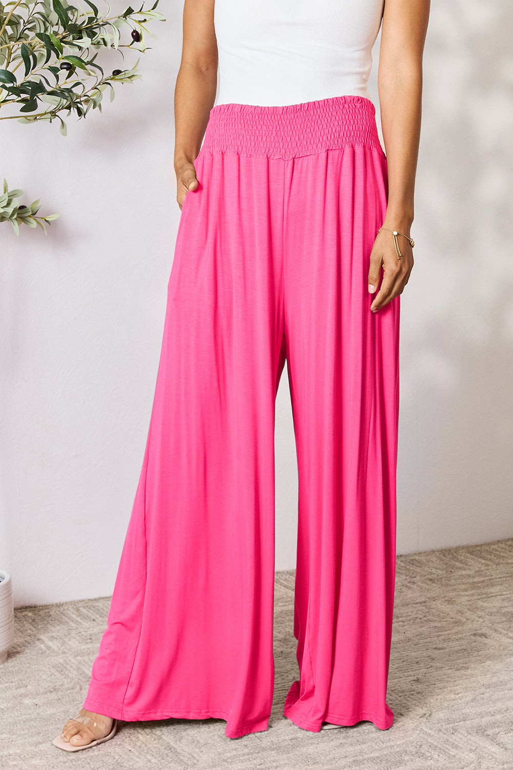 Double take full size smocked wide waistband leg pants - hot pink / s