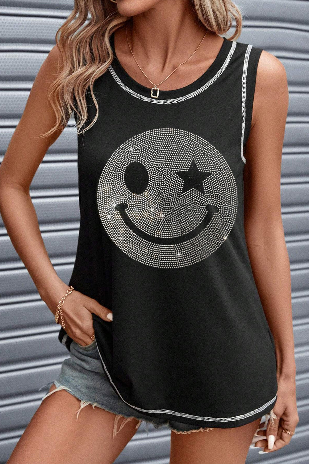 Rhinestone smile face round neck tank