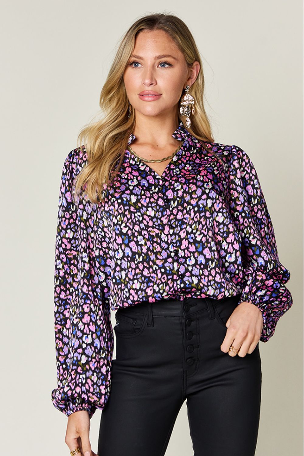 Double take full size printed balloon sleeve shirt - purple / s