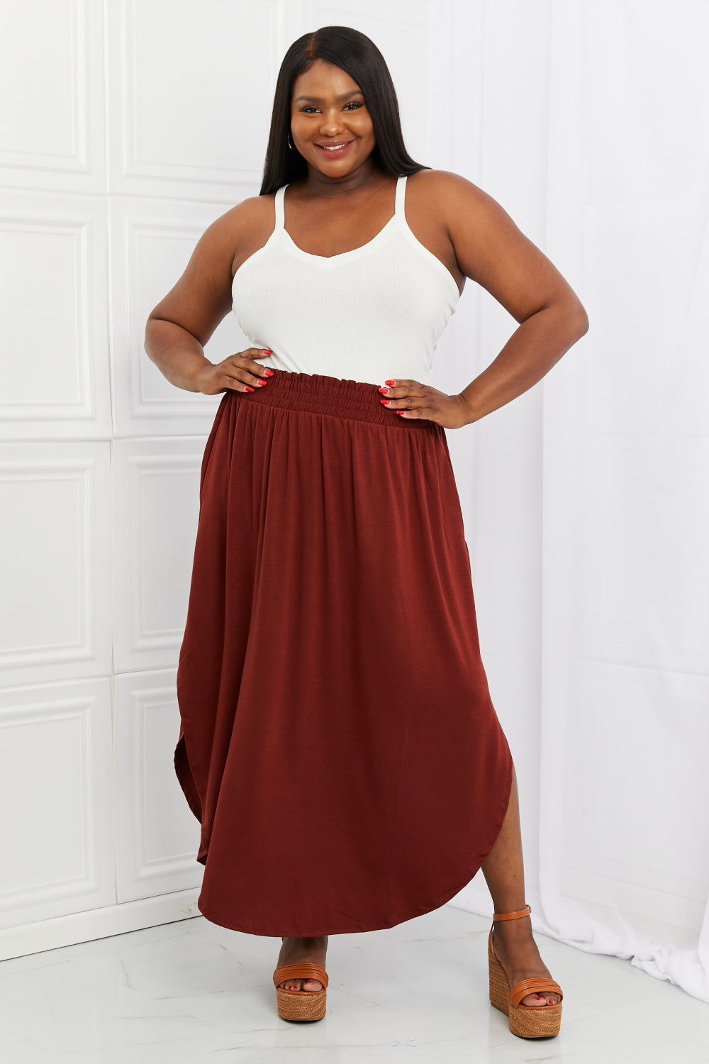 Zenana it’s my time full size side scoop scrunch skirt in dark rust