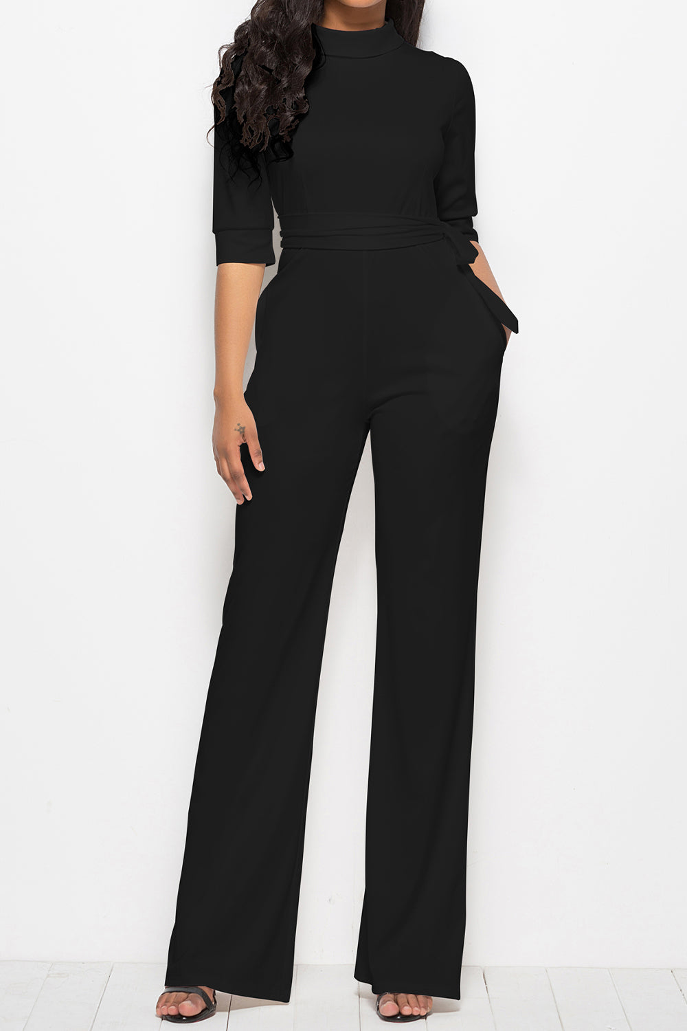 Mock neck tie-waist half sleeve jumpsuit - black / s