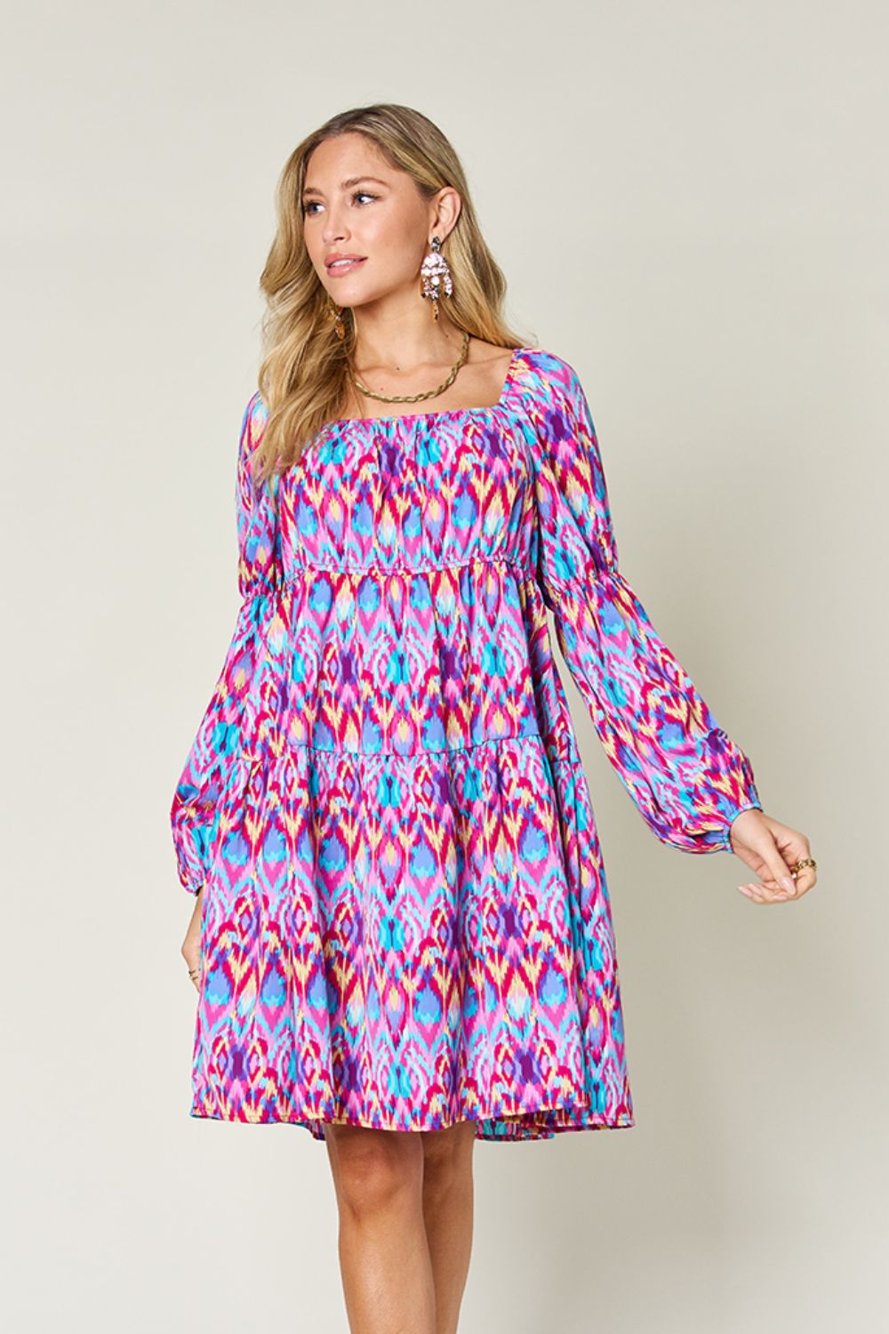 Double take full size printed long sleeve dress