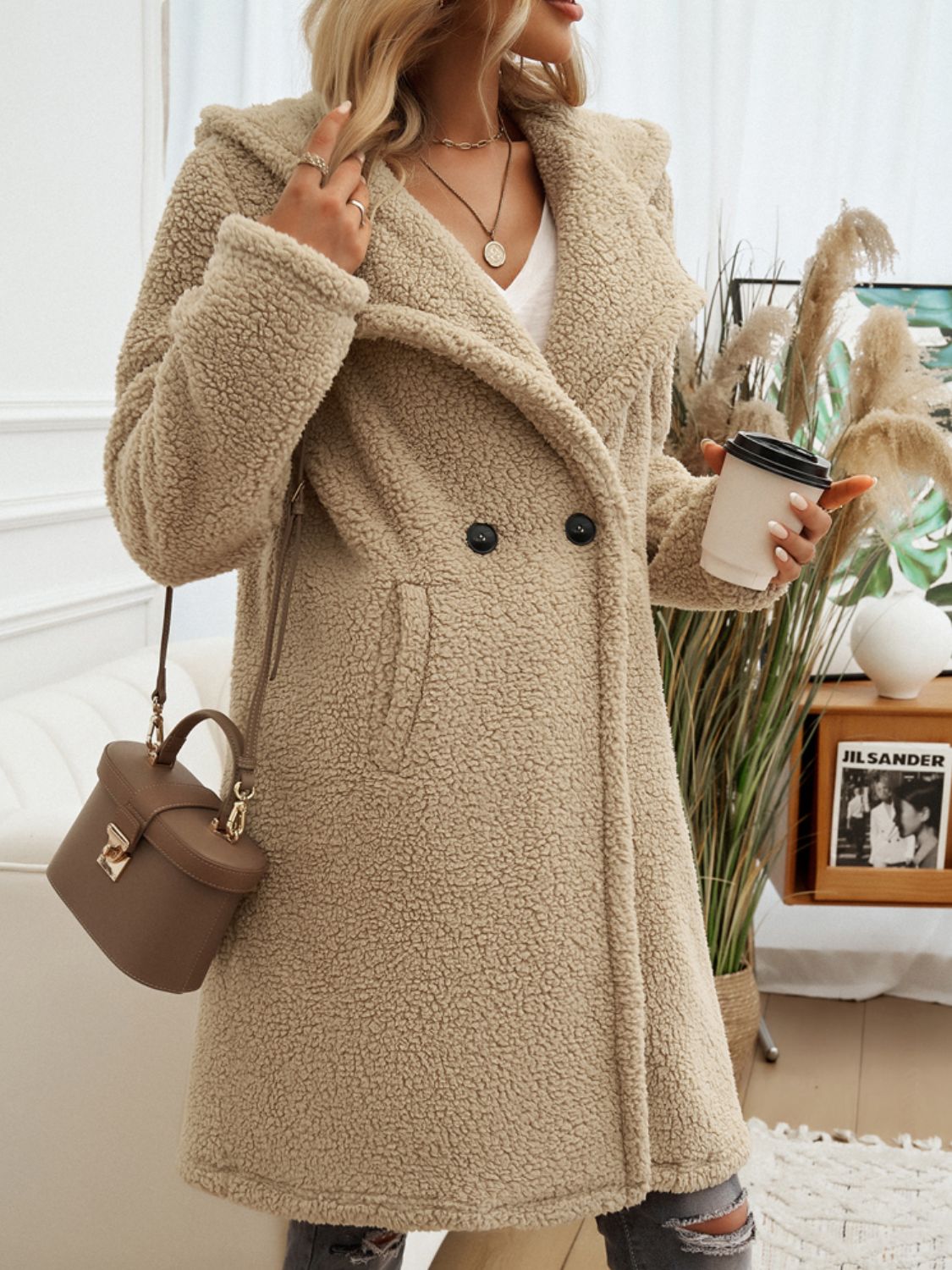 Devine pocketed long sleeve hooded teddy coat