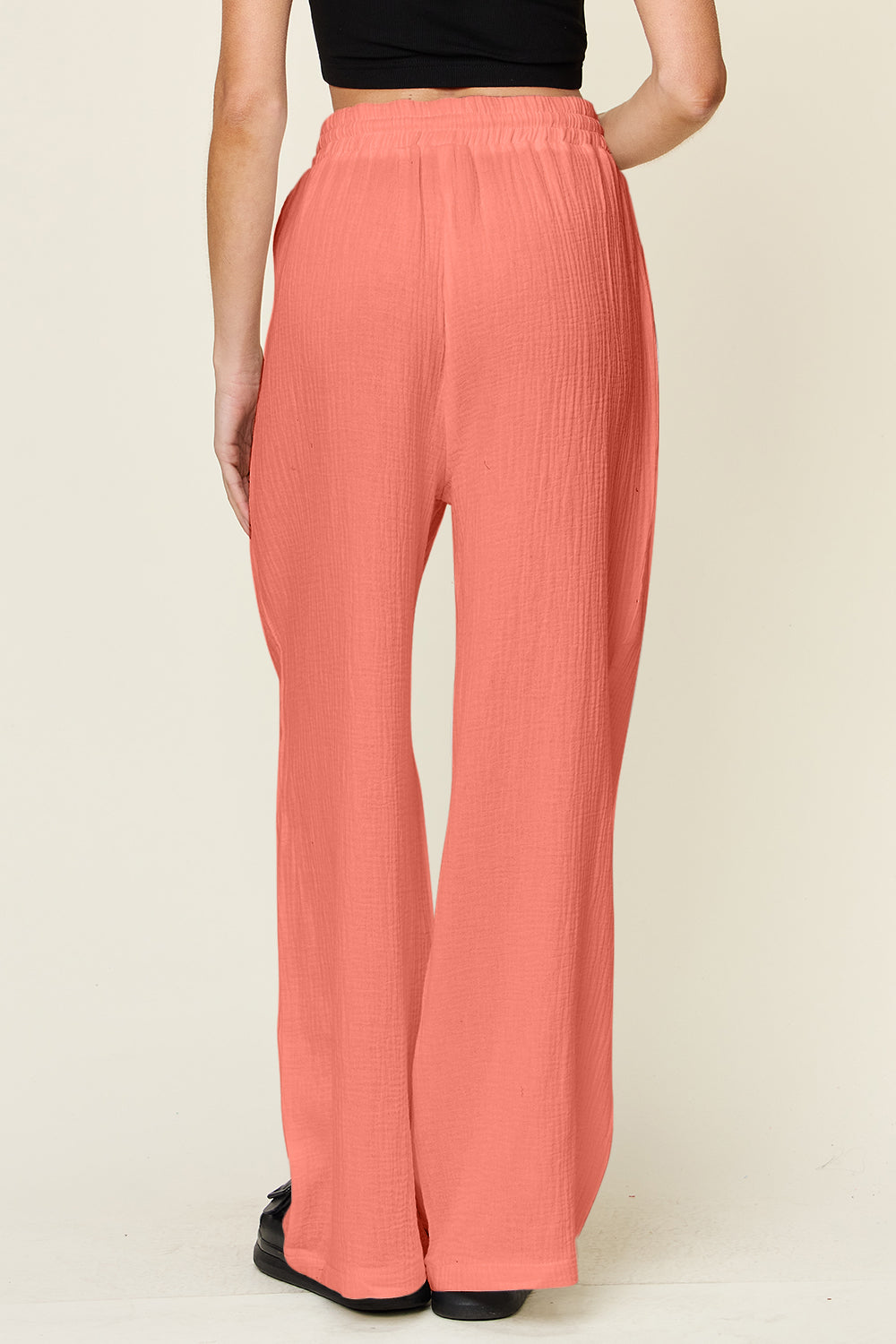 Double take full size texture drawstring wide leg pants