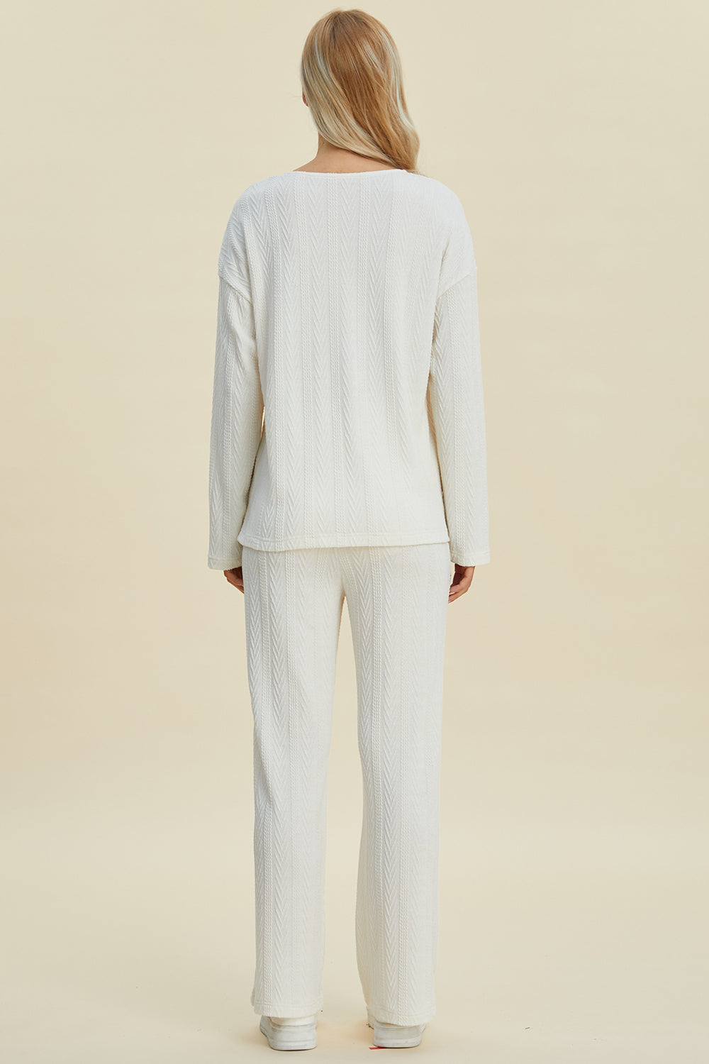 Double take full size cable-knit long sleeve top and pants set