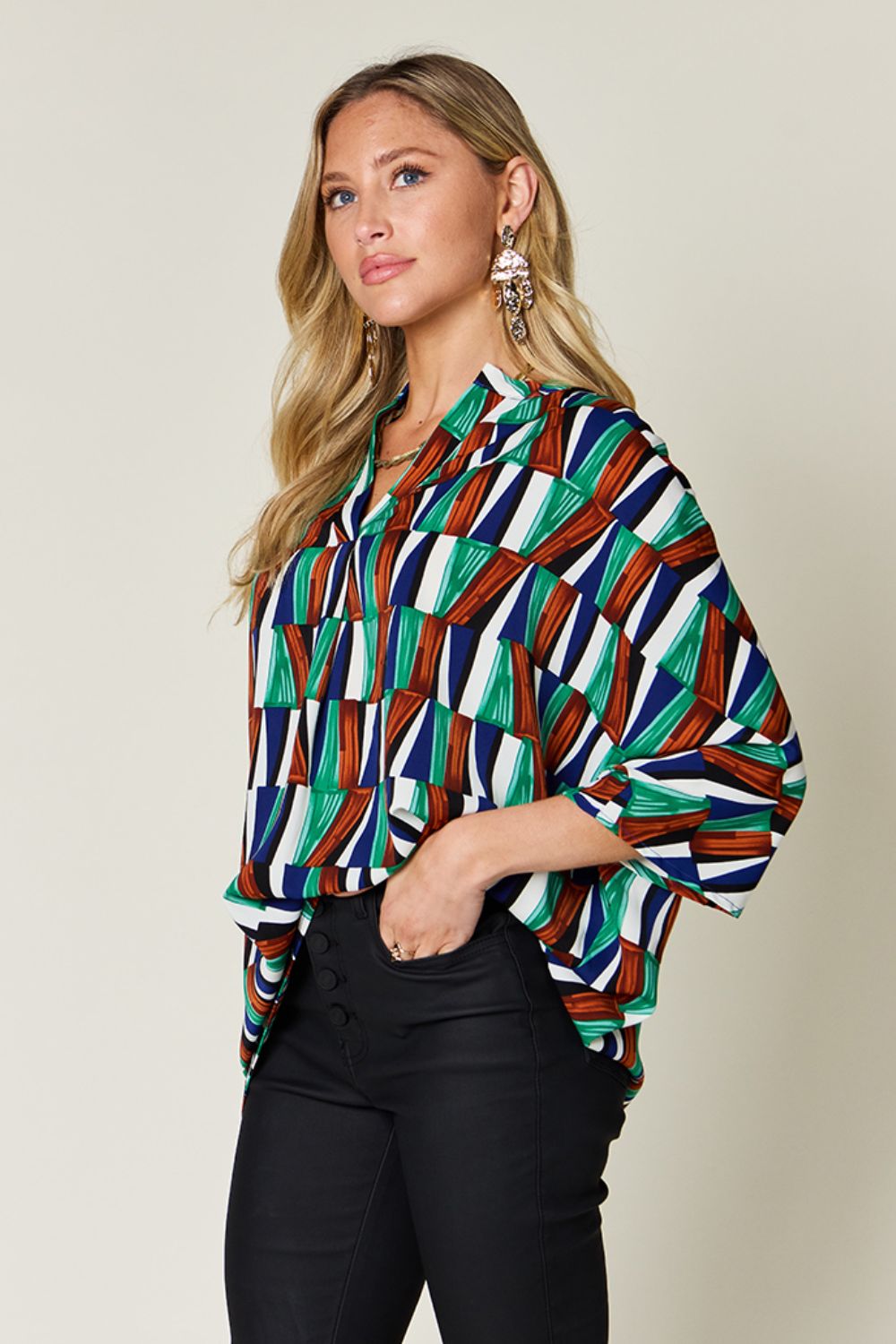 Double take full size geometric notched dolman sleeve top