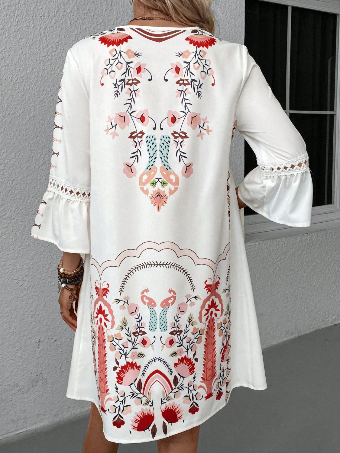 Lace detail printed three-quarter sleeve dress