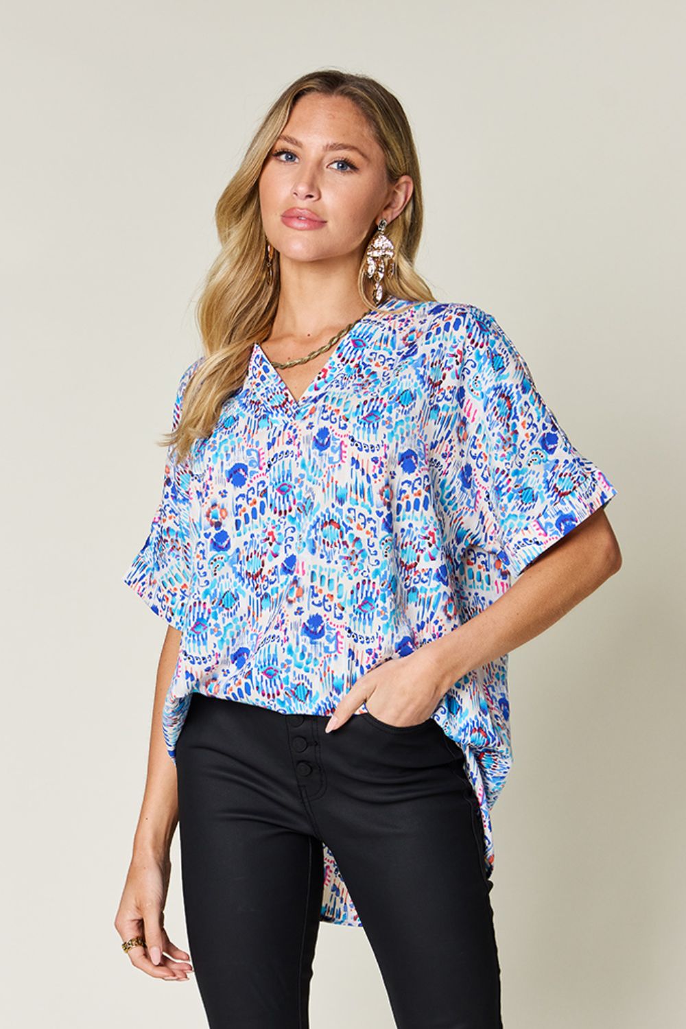 Double take full size printed v-neck short sleeve blouse - sky blue / s