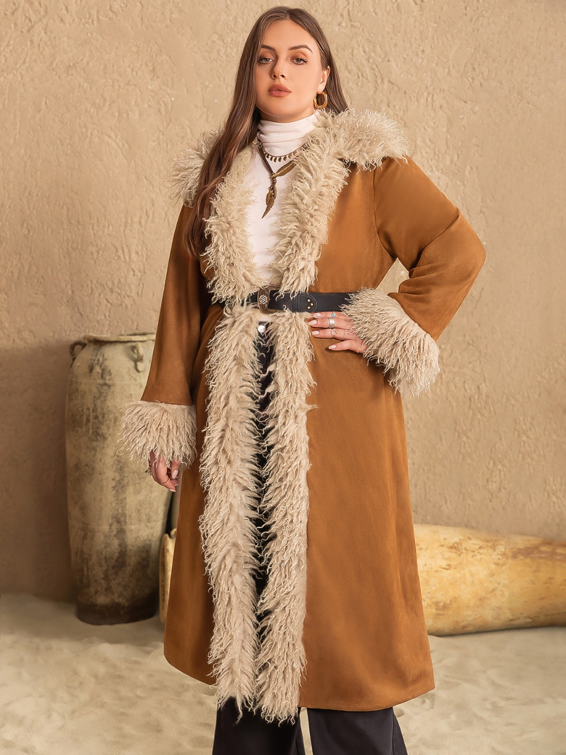 Plus size open front long sleeve coat - caramel / 0xl