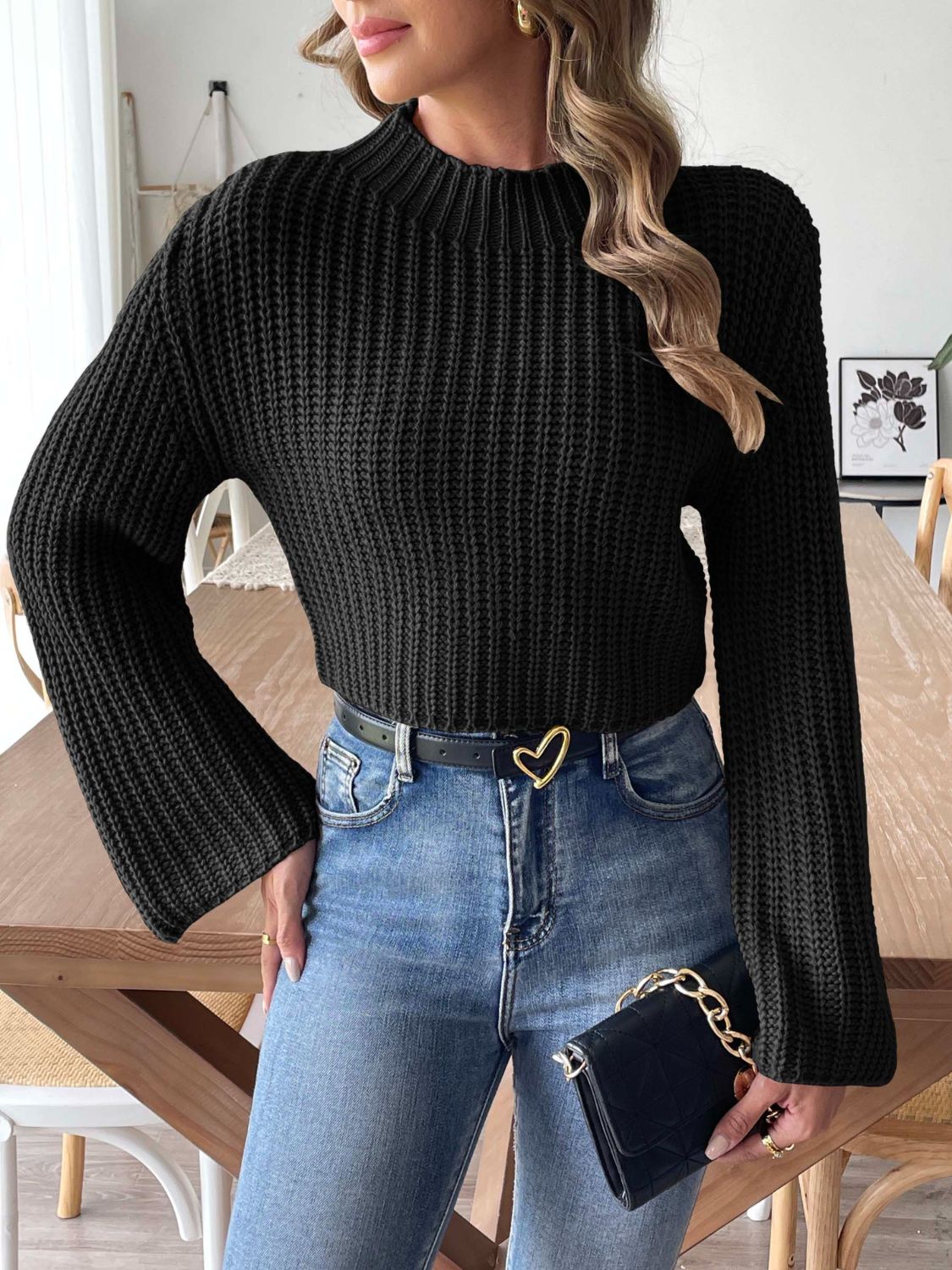 Mock neck long sleeve sweater - black / s