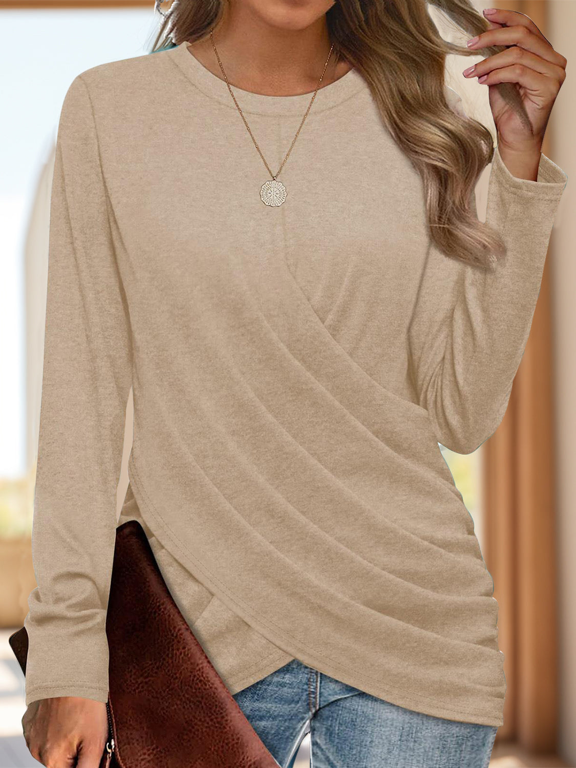 Ruched round neck long sleeve t-shirt - tan / s