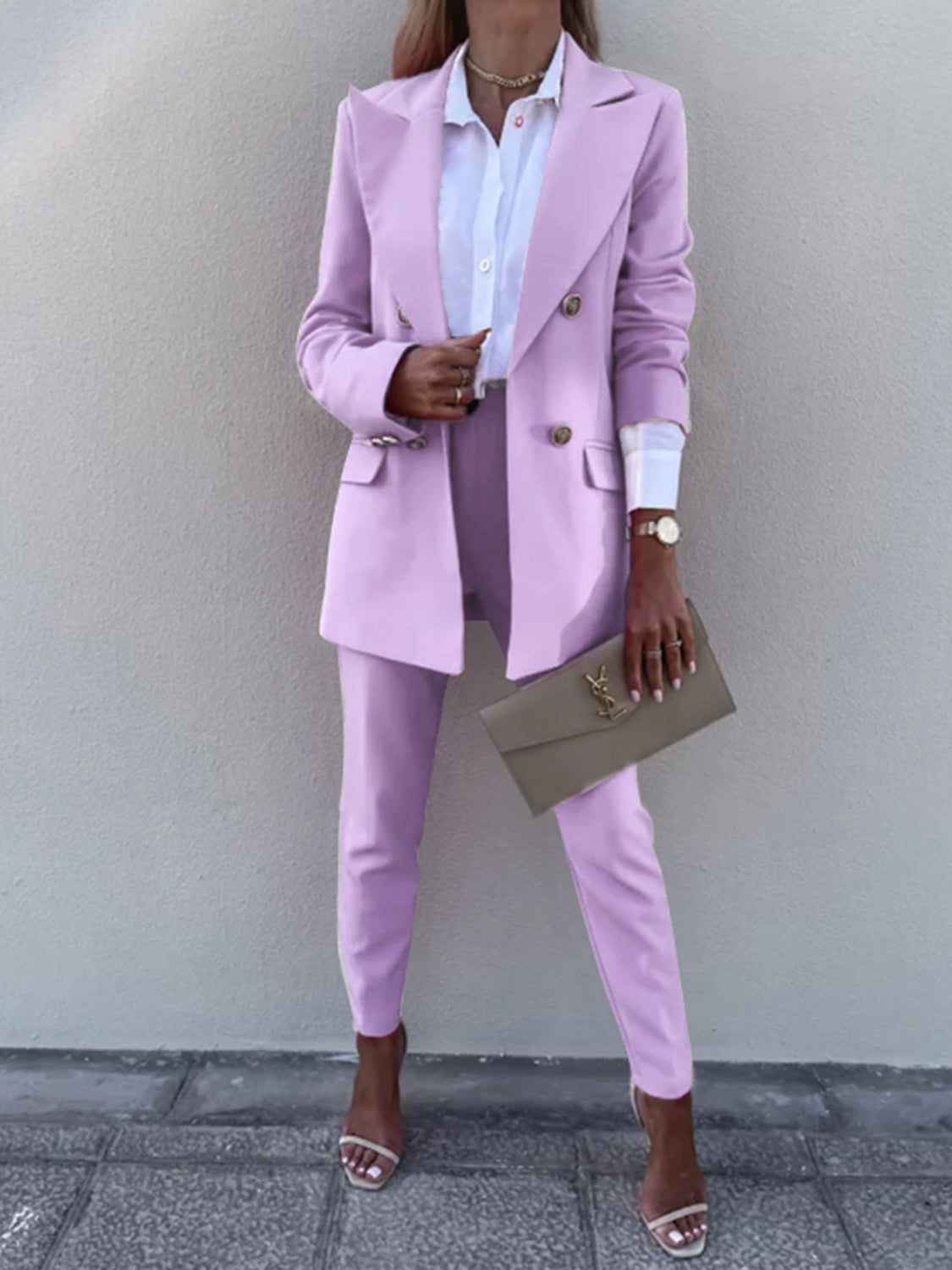 Lapel collar long sleeve blazer and pants set - lavender / s