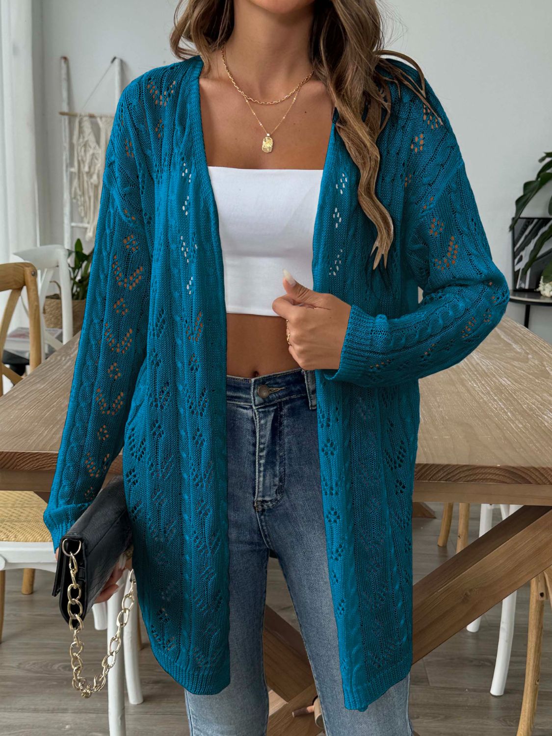 Openwork open front long sleeve cardigan