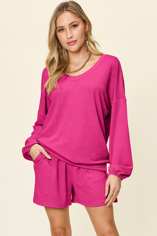 Double take full size texture v-neck long sleeve t-shirt and shorts set - hot pink / s