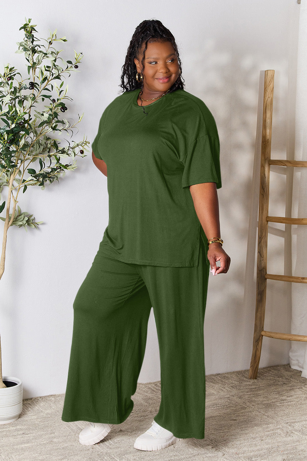 Double take full size round neck slit top and pants set - army green / s