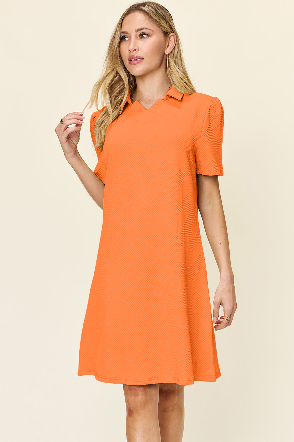 Double take full size texture collared neck short sleeve dress - tangerine / s