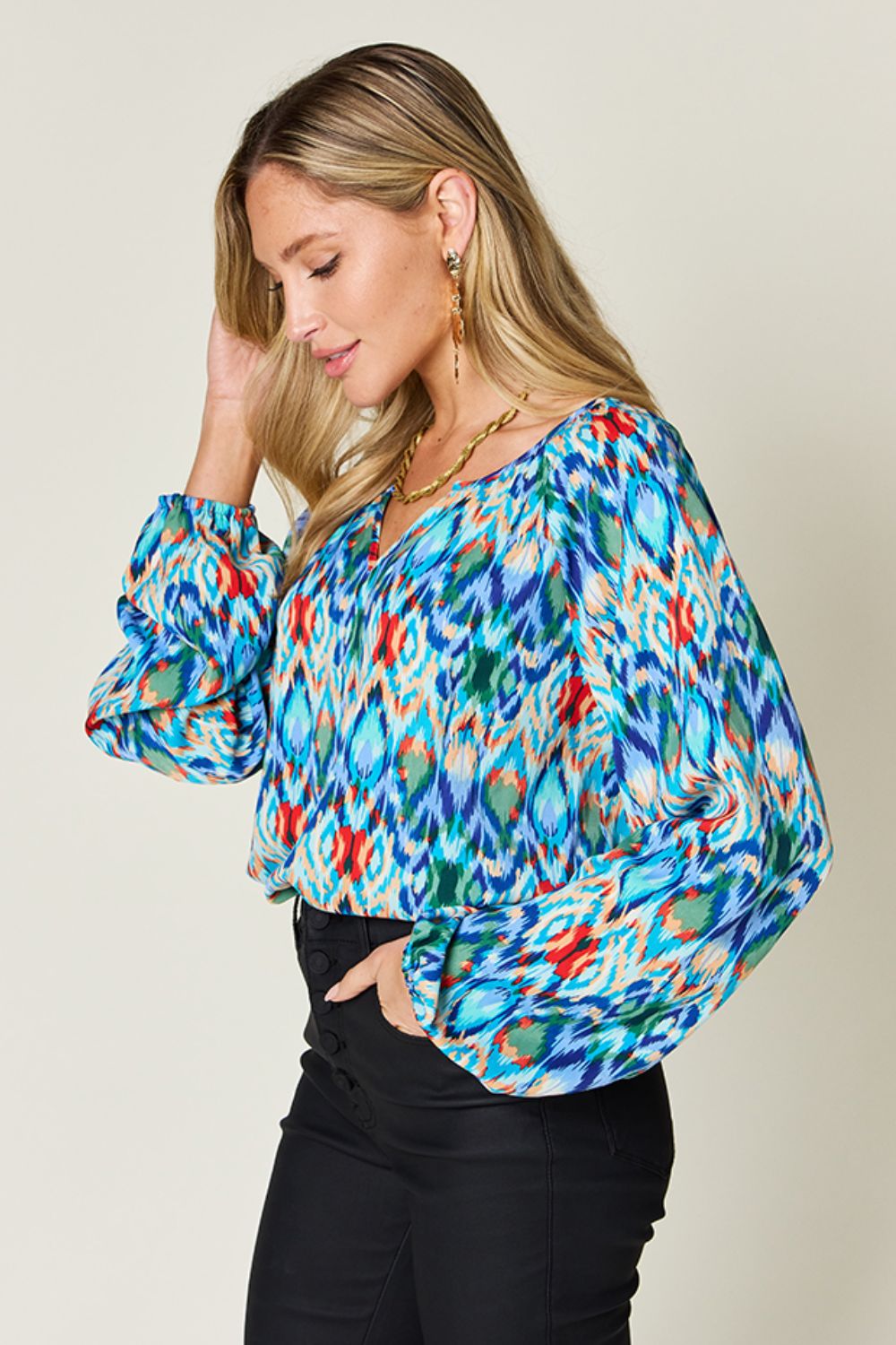 Double take full size printed balloon sleeve blouse