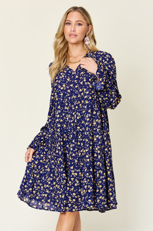 Double take full size printed ruffle hem long sleeve tiered dress - dark blue / s