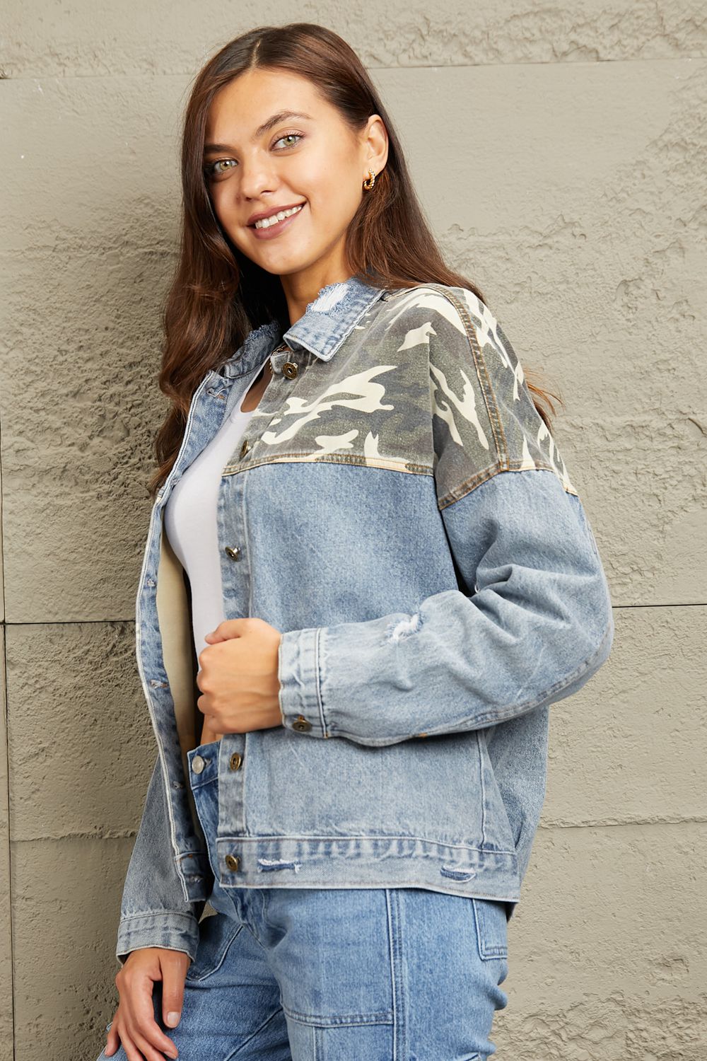 Geegee full size washed denim camo contrast jacket