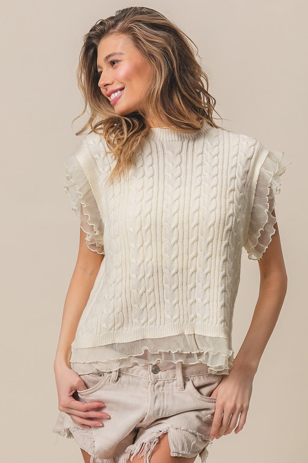 Bibi layered pleat chiffon edge cable knit top - cream / s