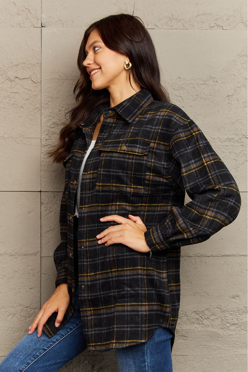 Ninexis full size plaid collared neck button-down long sleeve jacket