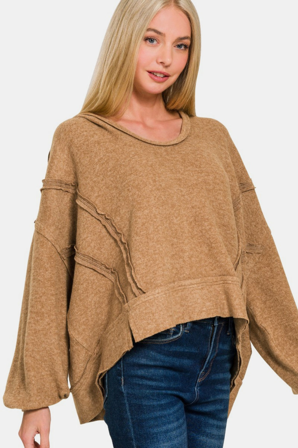 Zenana brushed hacci exposed seam hoodie - deep camel / s/m