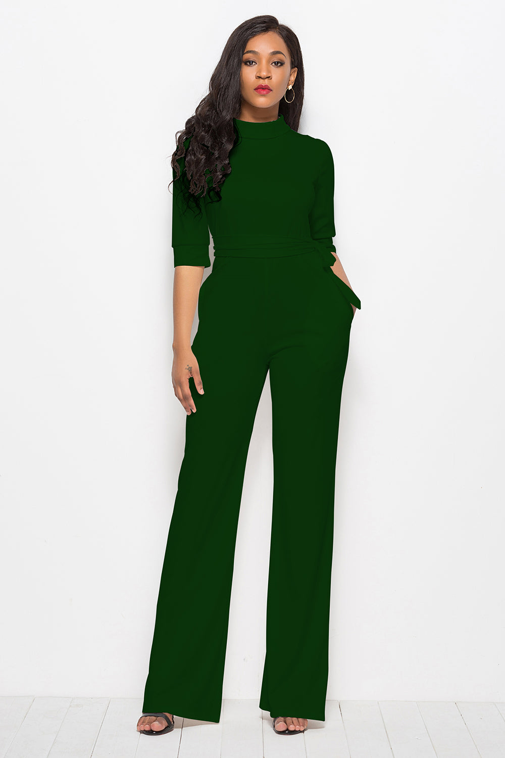 Mock neck tie-waist half sleeve jumpsuit