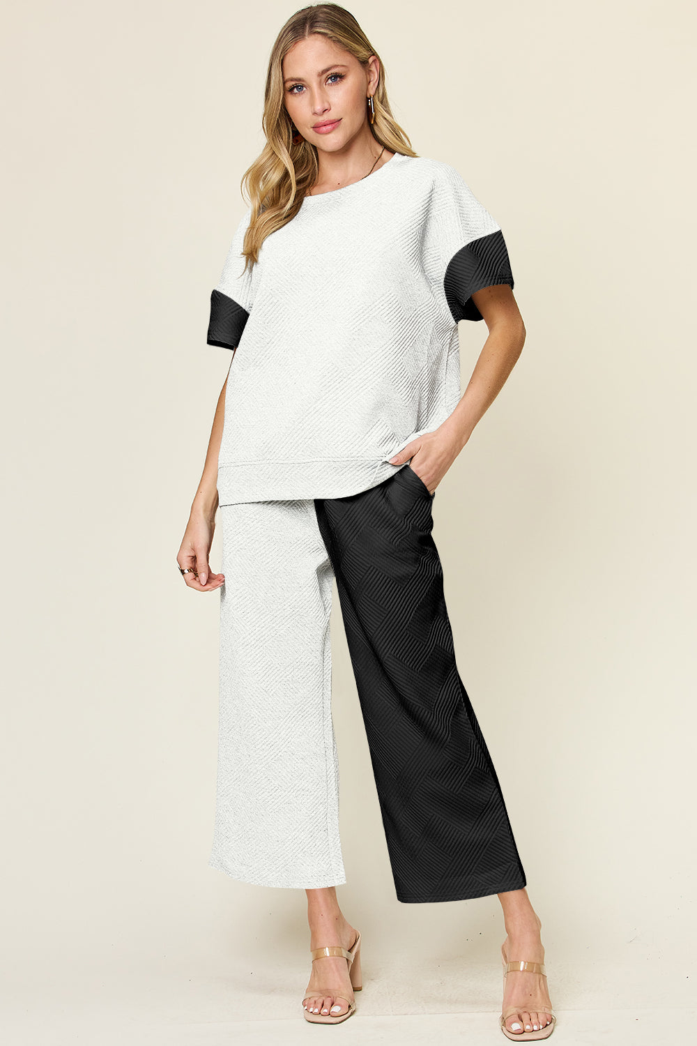 Double take full size texture contrast t-shirt and wide leg pants set - black / s