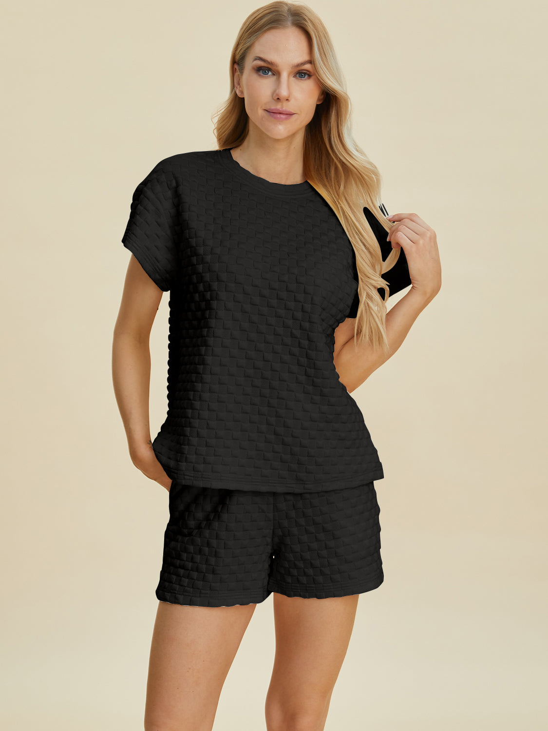 Double take full size texture t-shirt and shorts set