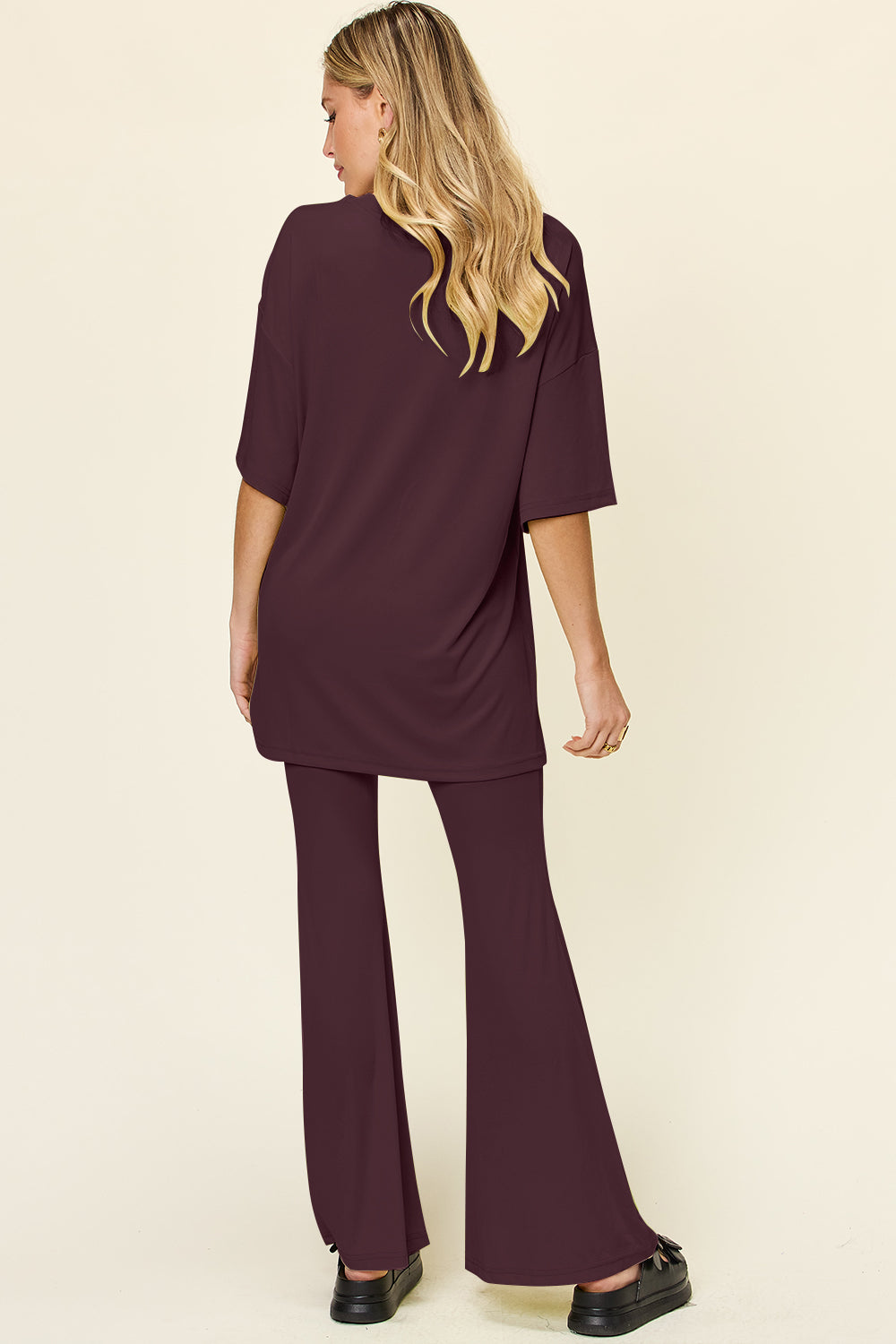 Double take full size round neck drop shoulder t-shirt and flare pants set