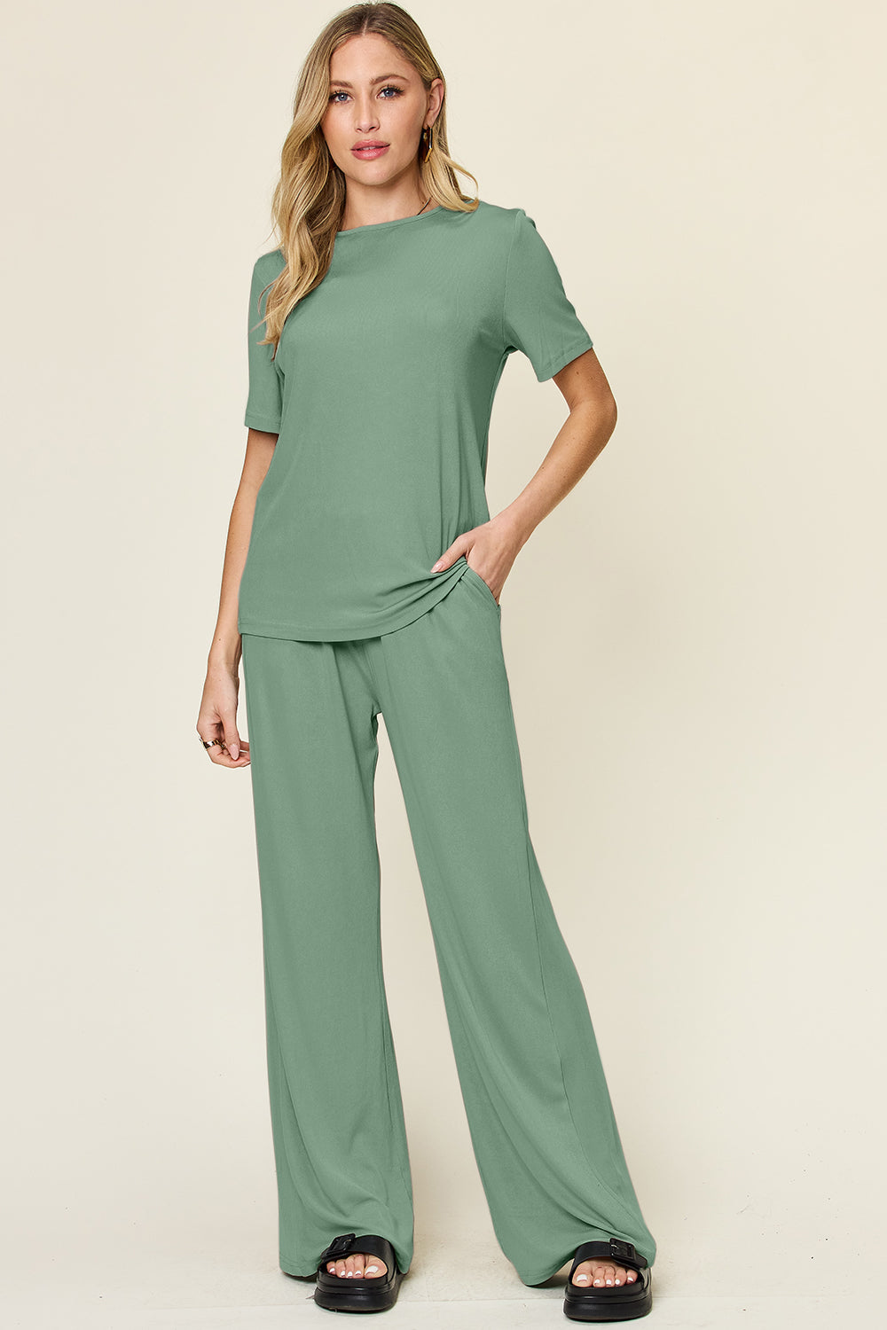 Double take full size round neck short sleeve t-shirt and wide leg pants set - light green / s