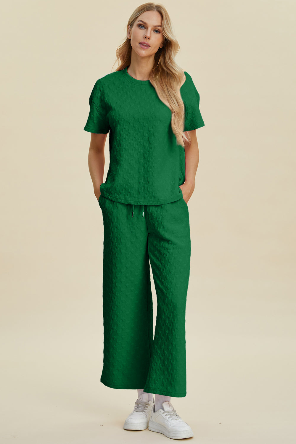 Double take full size texture round neck short sleeve top and pants set - dark green / s