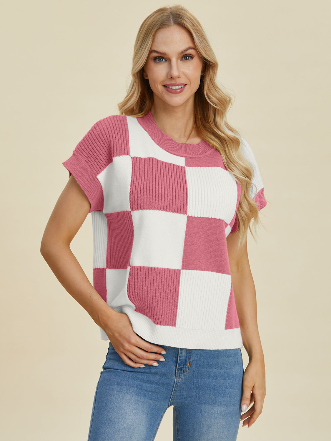 Double take full size checkered round neck short sleeve sweater - dusty pink / s